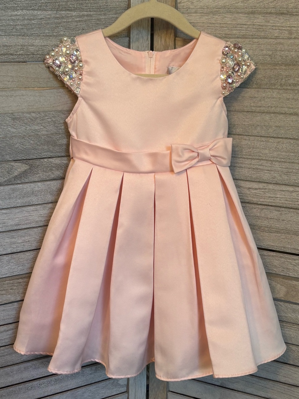 Rare Editions 2T Pink Satin Dress w/ Sparkly Gem & Pearl Cap Sleeves & Crinoline